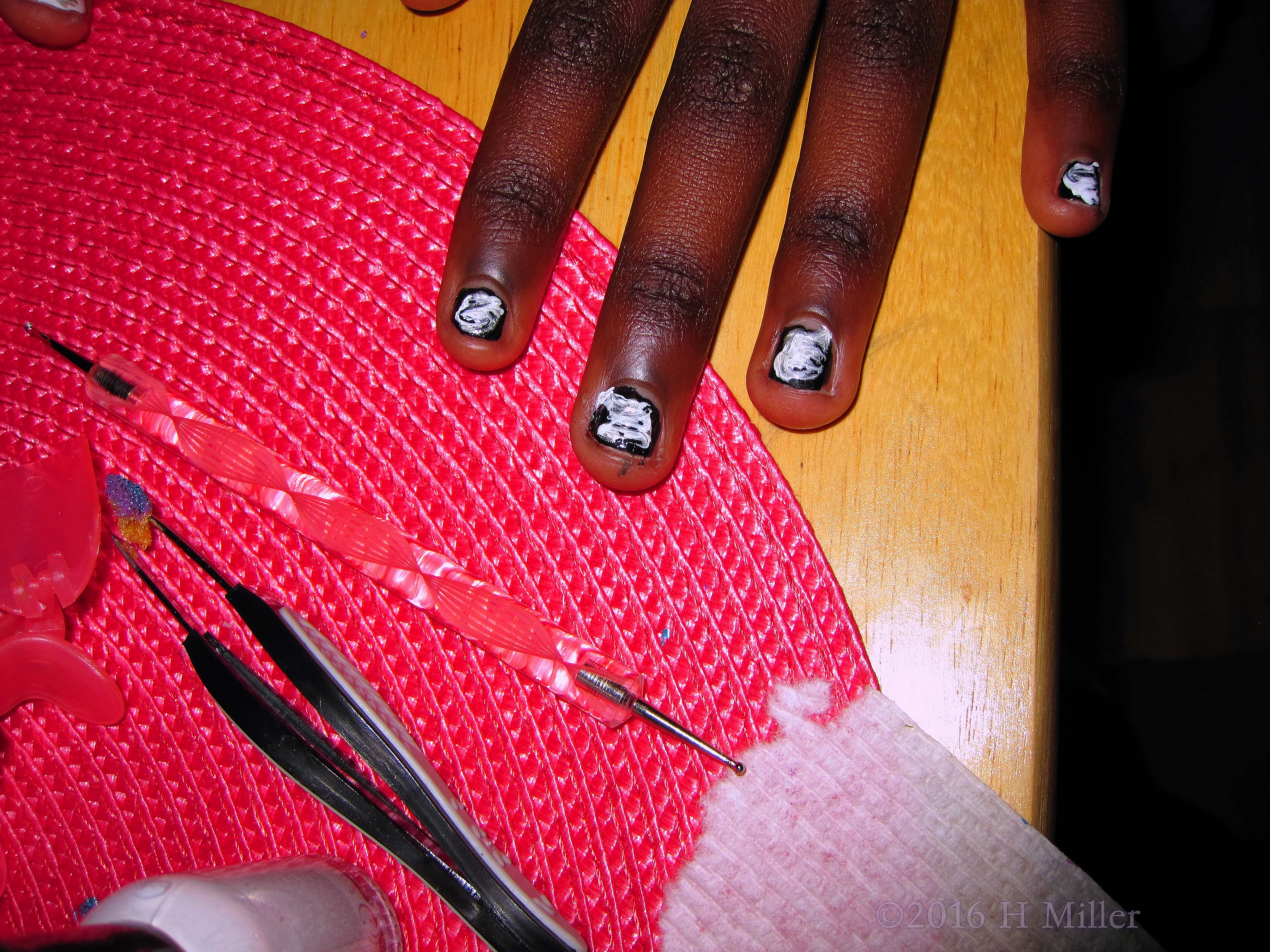 Black Nail Base Polish With White Shatter Kids Manicure. 