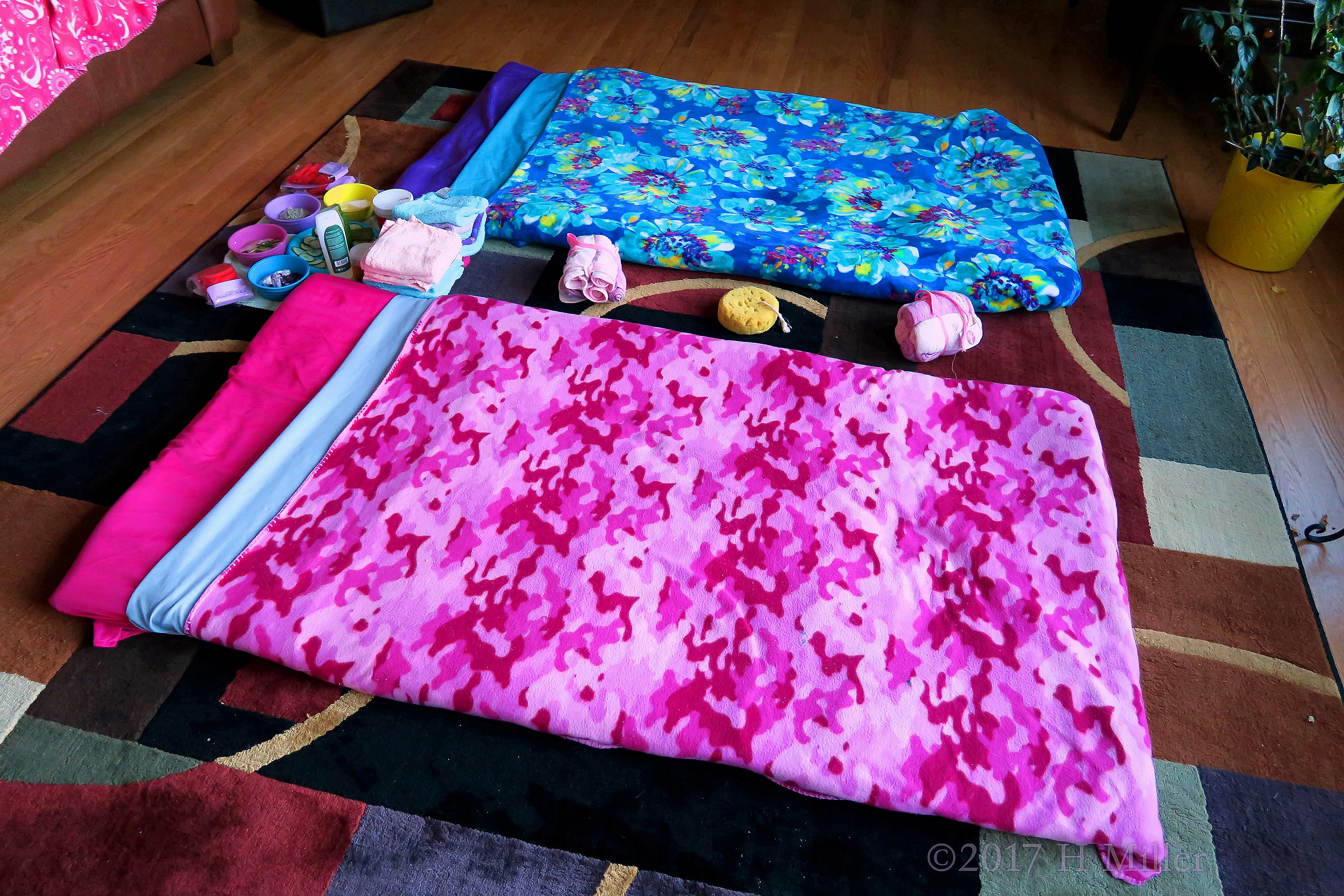 Spa Party Kids Facial And Massage Mats Set Up With Vibrant Blue And Pink Spa Throws Spa Party Kids Facial And Massage Mats Set Up With Vibrant Blue And Pink Spa Throws