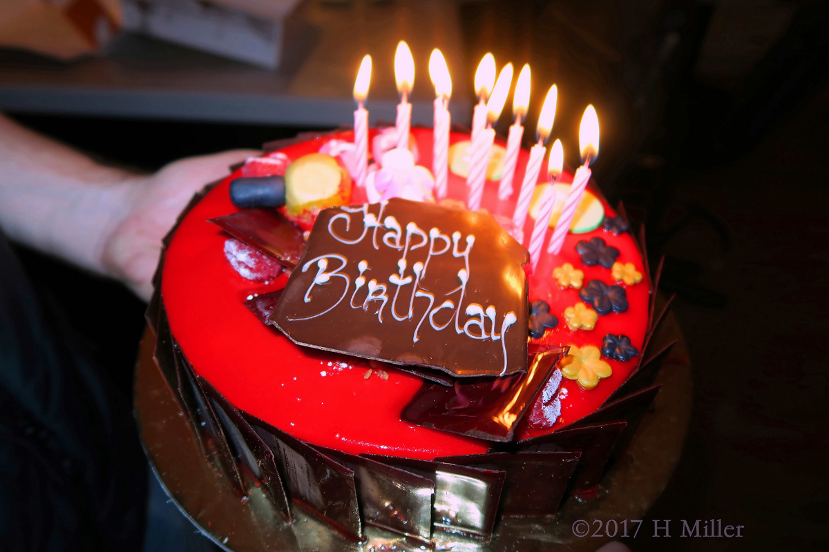 Candles Lit On Top Of Beautifully Designed Birthday Cake 