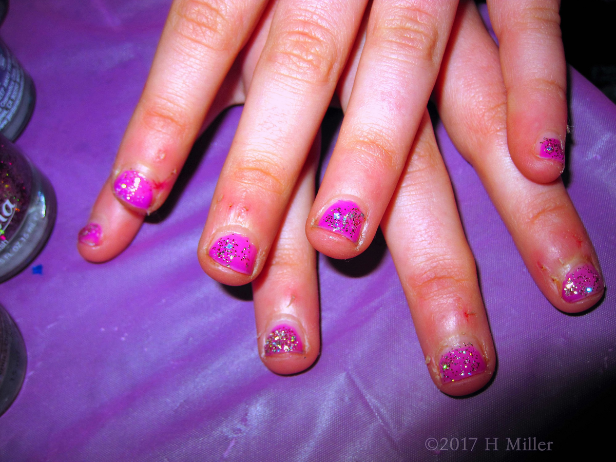 Fresh Pink Color Kids Manicure With Glitter Overlay 1