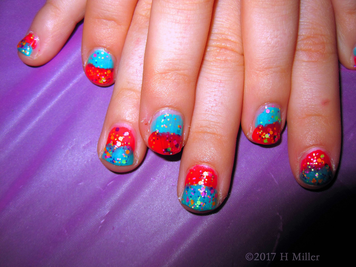 Red And Blue Ombre Girls Nail Design With Glitter Overlay 1