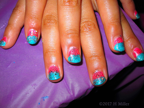 Pretty Blue And Pink Ombre Kids Nail Design With Glitter Overlay 